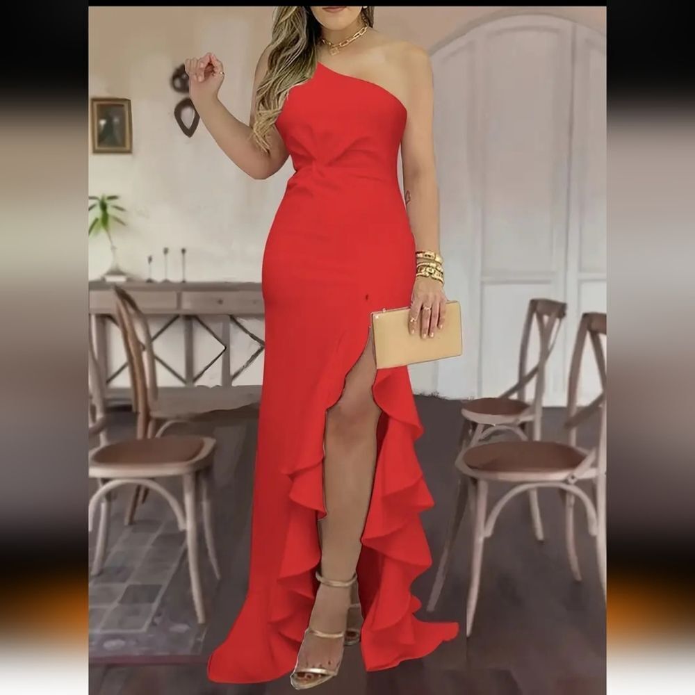 🆕️💃Elegent One Shoulder Ruffle Maxi Dress, Red - Sz XL